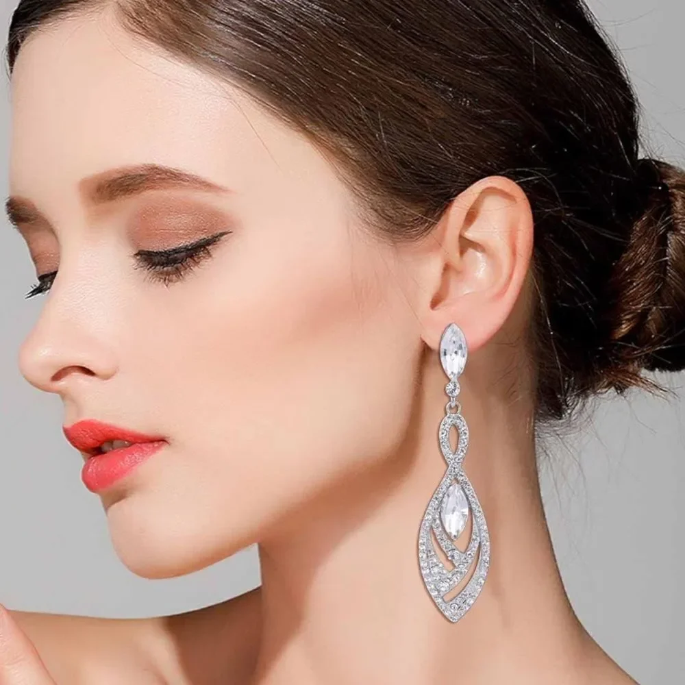 Silver with White Diamond Austrian Crystal Twisted Chandelier Post Back Earrings